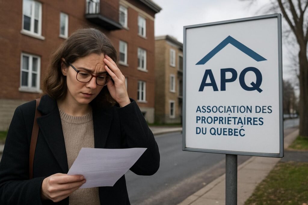 Locataires vs APQ : Guide Ultime pour Défendre vos Droits au Québec face au Lobby Immobilier - Conseils de trèsbonslocataires.com Propriétaire stressée devant le siège APQ