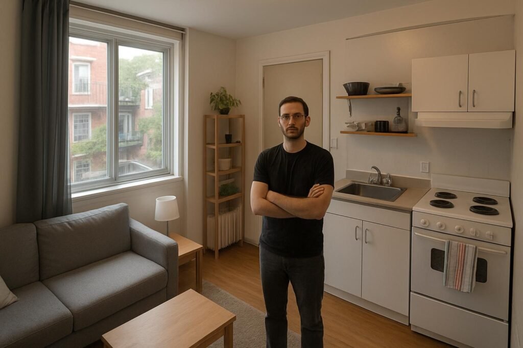 Pascal Huỳnh et la Résistance Immobilière : Guide Complet sur les Micrologements et Vos Droits avec trèsbonslocataires.com Homme dans un appartement studio