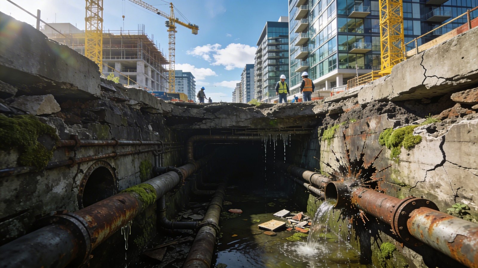 Ruined infrastructure, new construction nearby